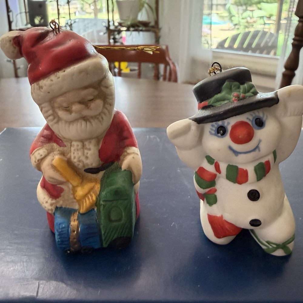 Vintage Bisque Ceramic Santa & Snowman Christmas Ornaments‎ Set Of 2